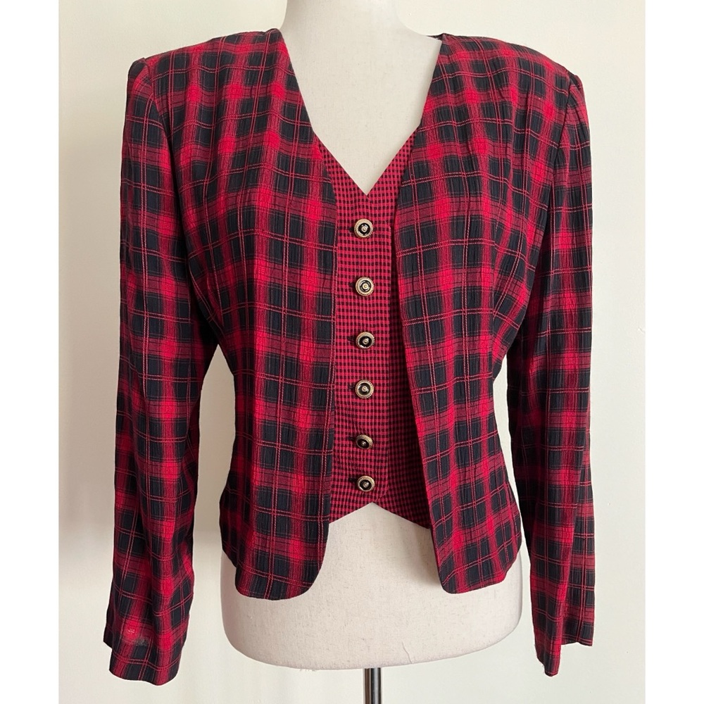 Vintage 90s Plaid Top Faux Jacket & Vest Gold Buttons Fitted SL Fashions Sz 10P